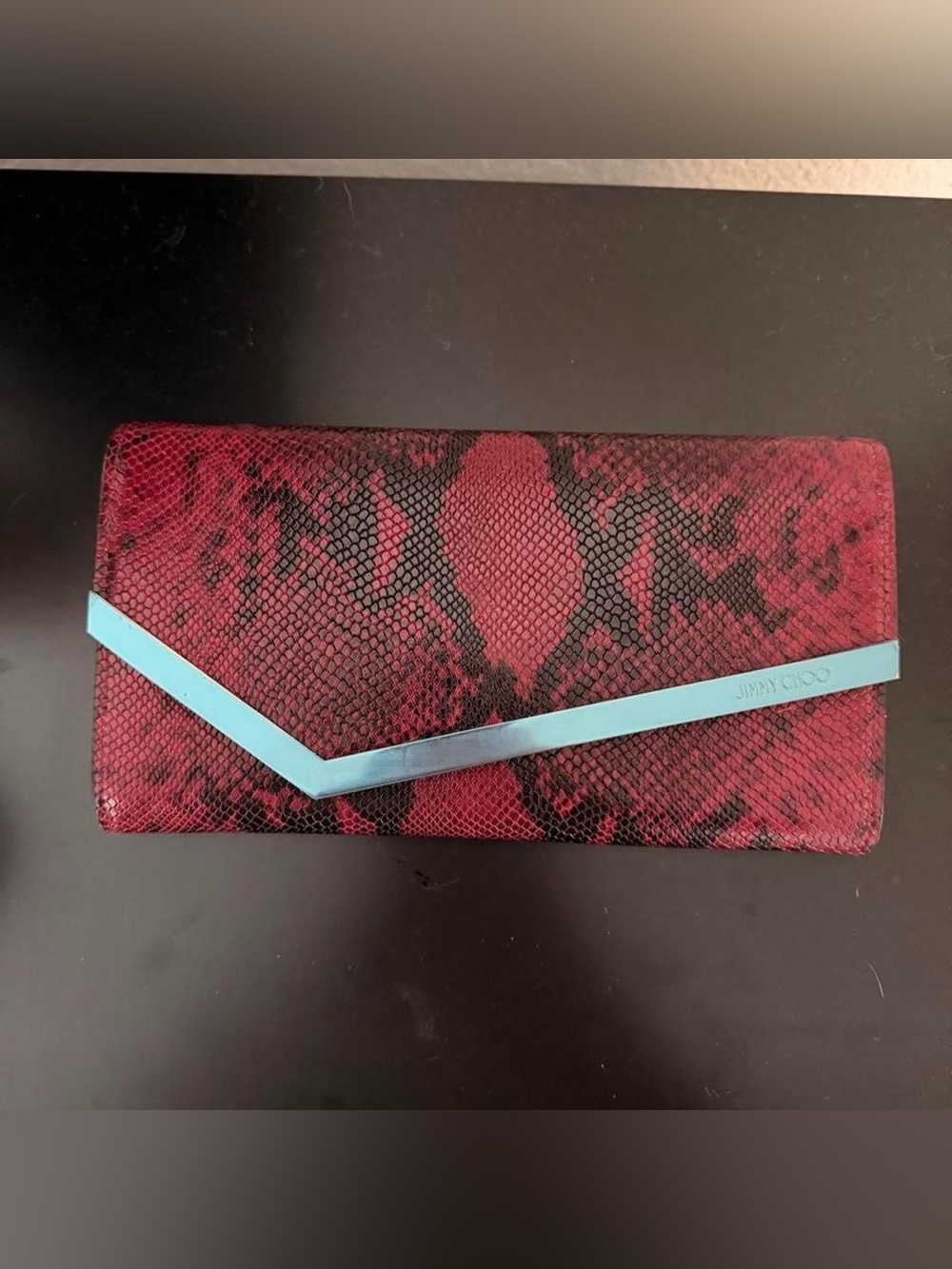 Jimmy Choo Red Snake-Print Envelope Clutch with Metallic Accent